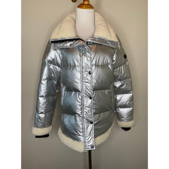 Sanctuary Silver Shine Down Puffer Jacket Cream Shearling Collar Trim Sz Small - Picture 3 of 15